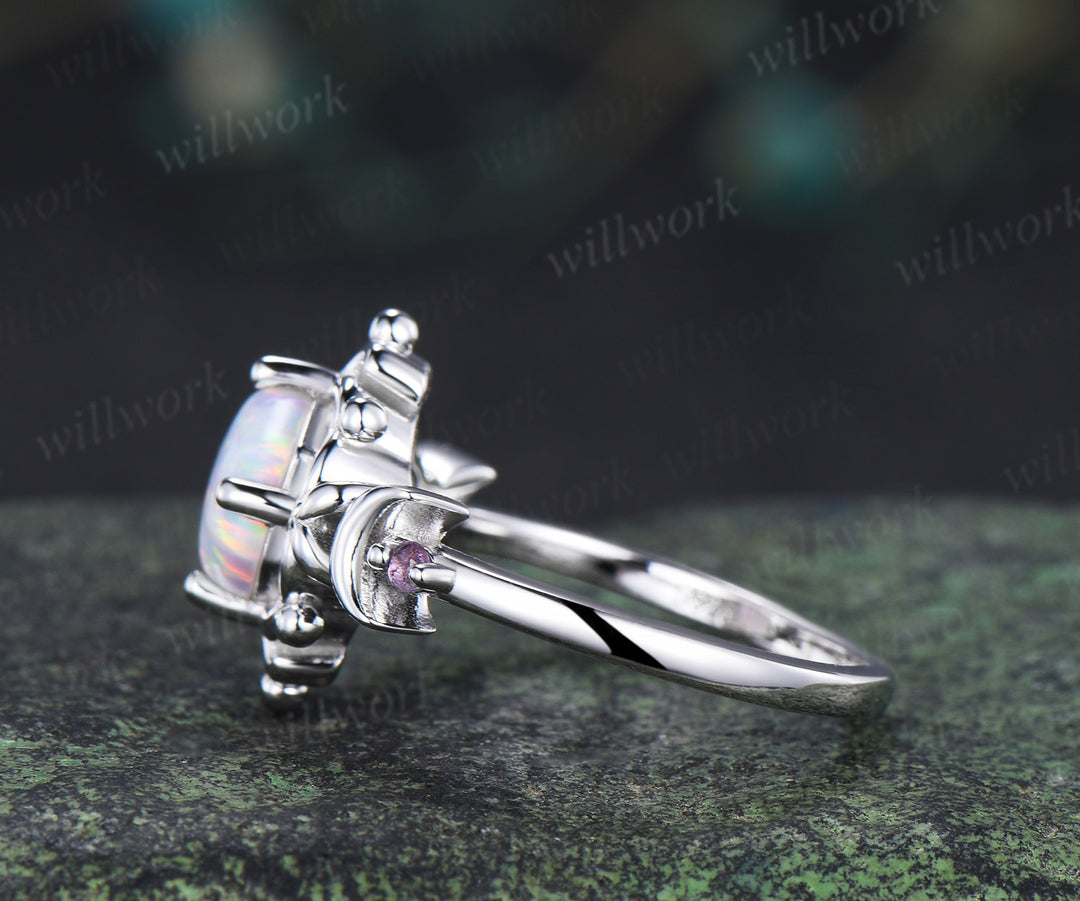 Hexagon opal moon ring amethyst vintage floral crown engagement ring unique gothic opal promise fing