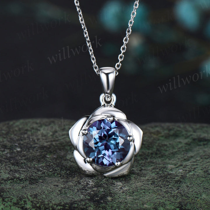 2ct Round Cut Alexandrite Necklace Solid 14k 18k White Gold Gold Vintage Unique Personalized 5 Prong Floral Pendant For Women Her Gemstone Anniversary Bridal Gift Mother
