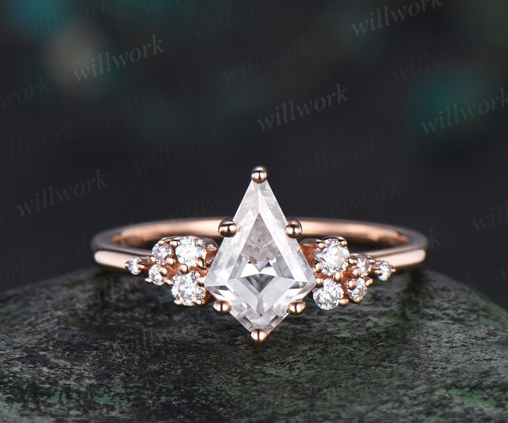 Moissanite engagement ring set kite cut ring rose gold vintage unique snowdrift 6 prong diamond bridal ring set for women