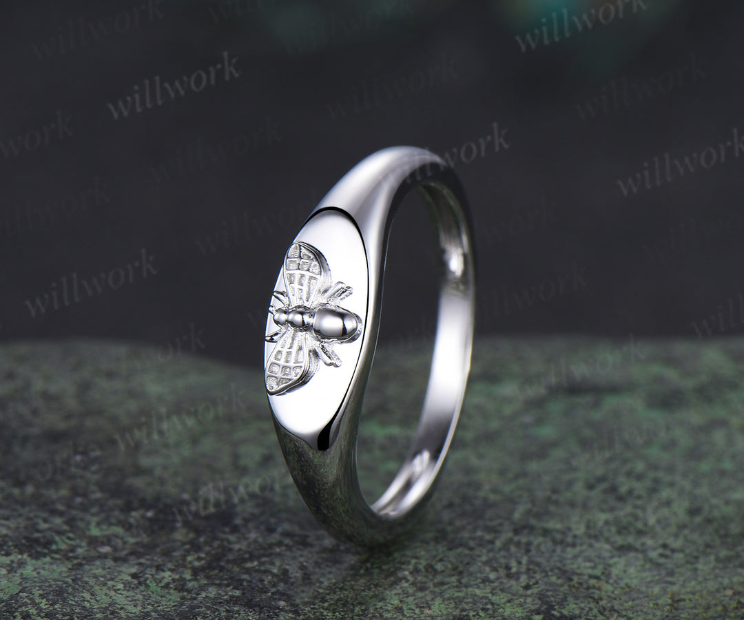 Honey bee signet ring solid 14k white gold ring bumblebee statement ring comfort fit jewelry gifts