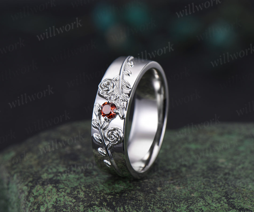 Round red garnet wedding band mens solid 14k white gold leaf floral wedding ring unique anniversary ring gift nature inspired Engagement Ring