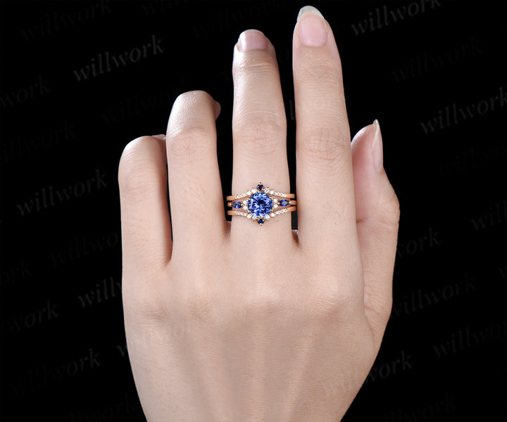 Round cut natural tanzanite engagement ring set yellow gold sapphire diamond wedding ring set jewelry