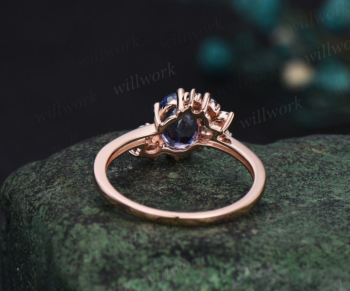 Oval cut Tanzanite ring rose gold women cluster unique engagement ring vintage art deco moissanite promise bridal ring gifts