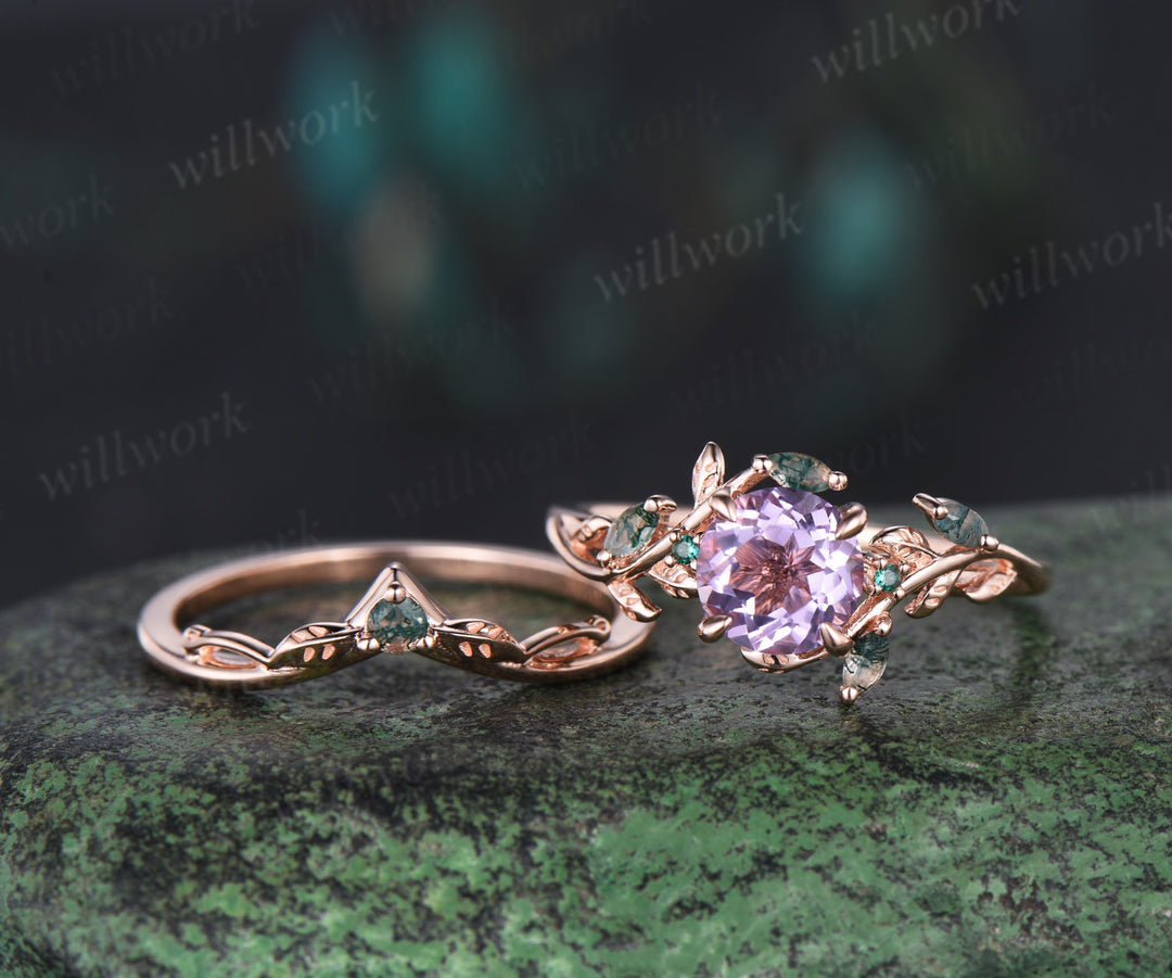 Round cut Lavender Amethyst Engagement Ring Set 14k rose gold leaf emerald moss agate ring vintage nature inspired bridal set Crystal gemstone gift