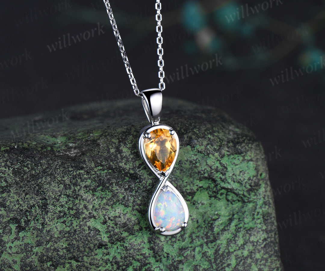 Pear cut citrine opal necklace infinity pendant toi et moi birthstone charm couple BFF necklace