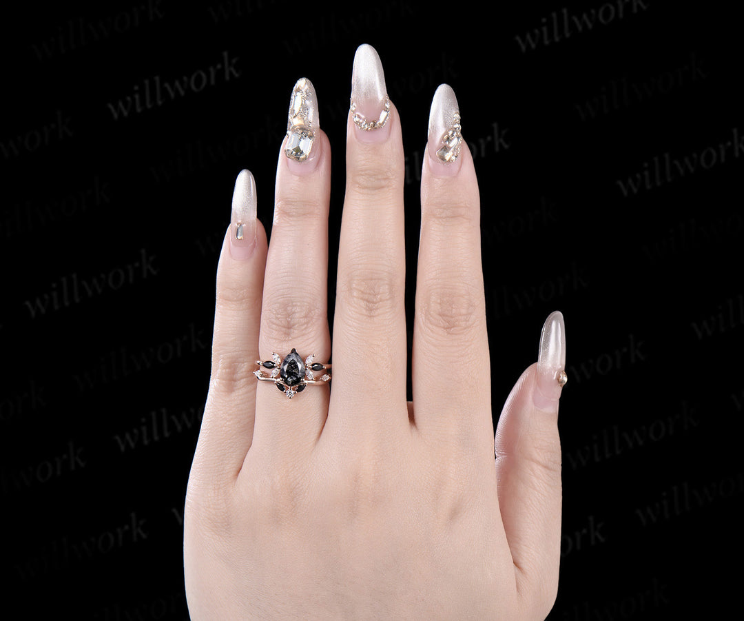 Pear black rutilated quartz engagement ring rose gold cluster diamond bridal anniversary ring set women
