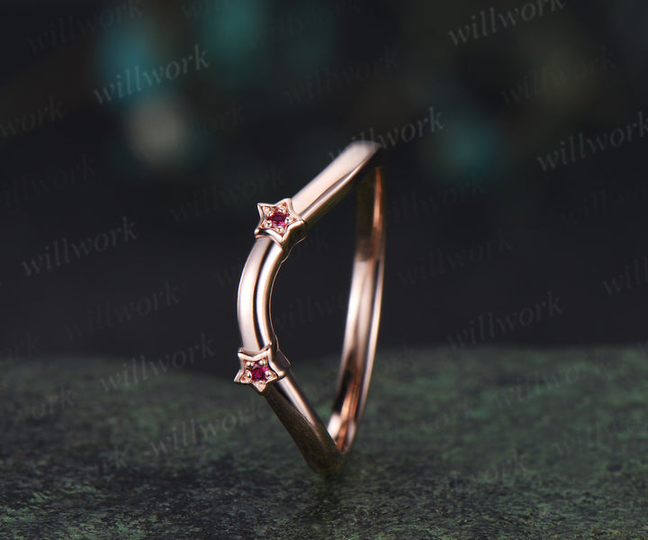 Ruby star wedding band curved matching band solid 14k rose gold stackable ring gifts for her