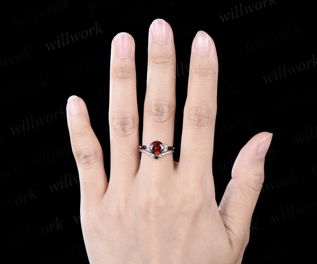 Round cut red garnet Engagement Ring Set solid 14k white gold 6 prong black spinel ring stacking diamond bridal ring set women jewelry