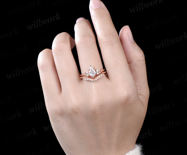 Moissanite engagement ring set kite cut ring rose gold vintage unique snowdrift 6 prong diamond bridal ring set for women