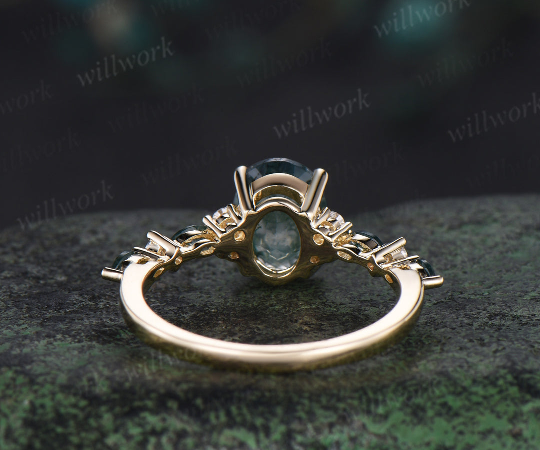 Oval Natural Moss Agate Half Eternity Engagement Ring Set Antique 14K yellow Gold Aquatic Agate Ring Women Moissanite Wedding Ring women