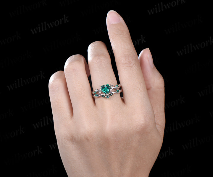 1ct heart cut emerald engagement ring set 14k white gold leaf branch moss agate ring women unique anniversary gift