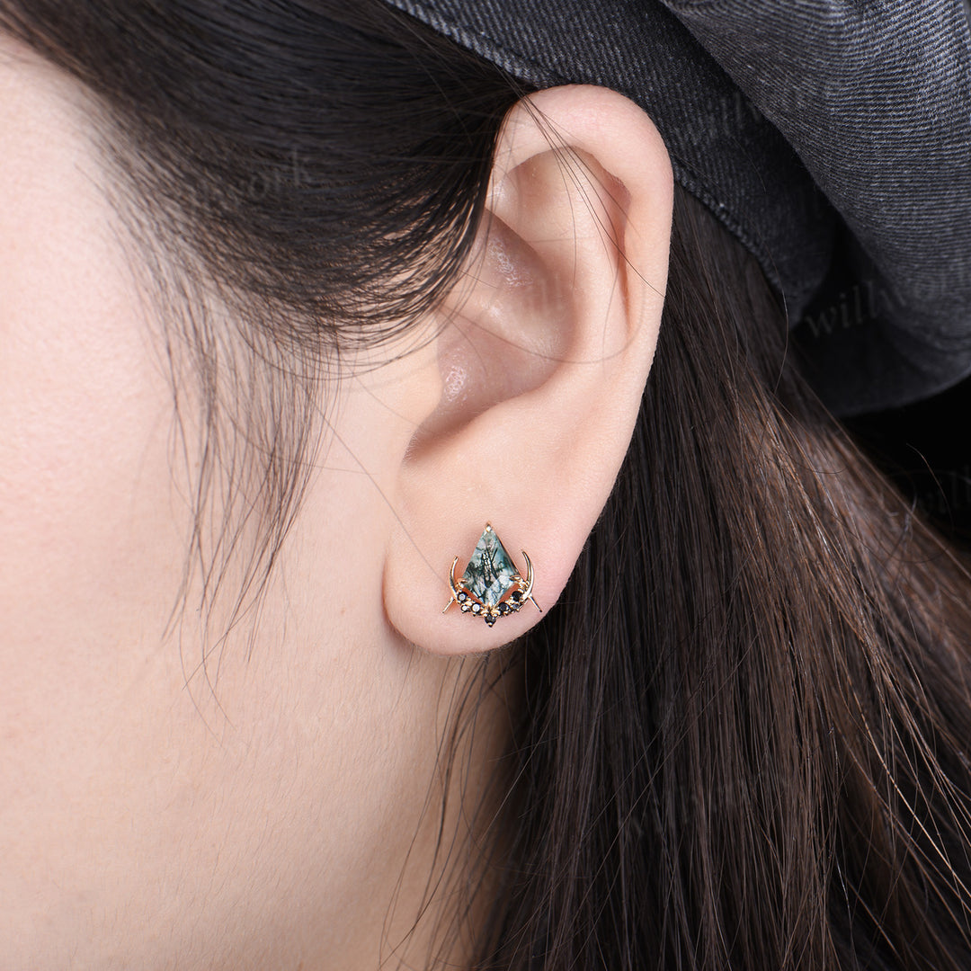 Unique kite cut natural moss agate earrings solid 14k 18k rose gold gothic moon cluster black spinel stud earrings piercing earrings for women