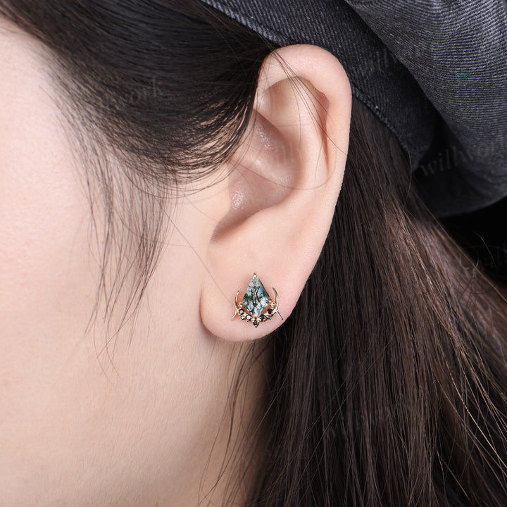 Unique kite cut natural moss agate earrings solid 14k 18k rose gold gothic moon cluster black spinel stud earrings piercing earrings for women