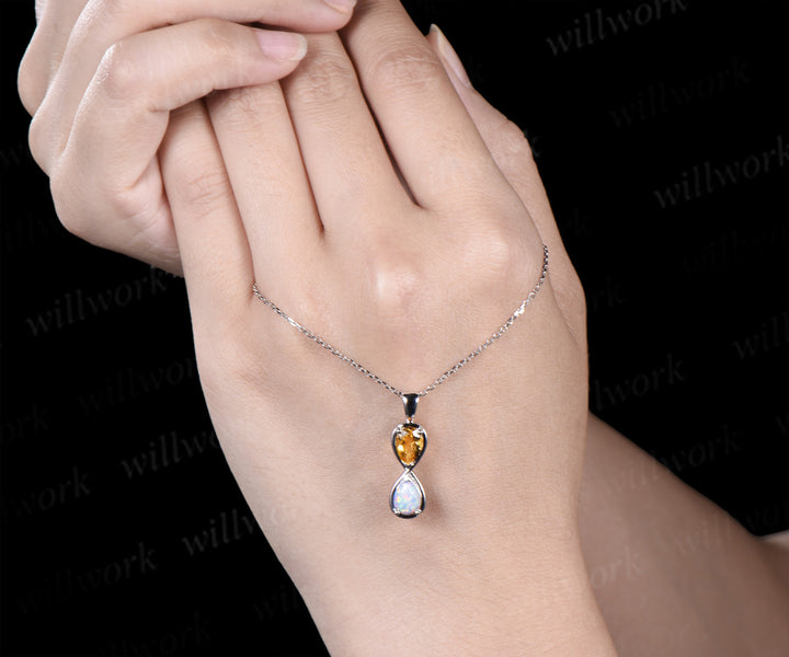 Pear cut citrine opal necklace infinity pendant toi et moi birthstone charm couple BFF necklace