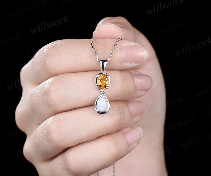 Pear cut citrine opal necklace infinity pendant toi et moi birthstone charm couple BFF necklace