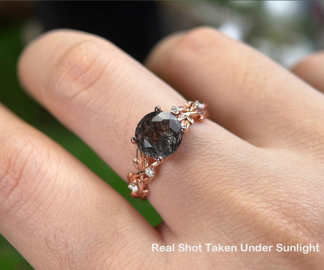 Vintage round black rutilated quartz engagement ring women 14k rose gold leaf branch Nature inspired moissanite wedding promise ring set