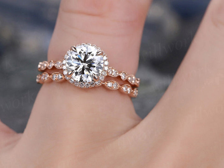 Round Lab Grown Diamond Halo Engagement Ring Set Half Eternity Bridal Wedding Ring Set