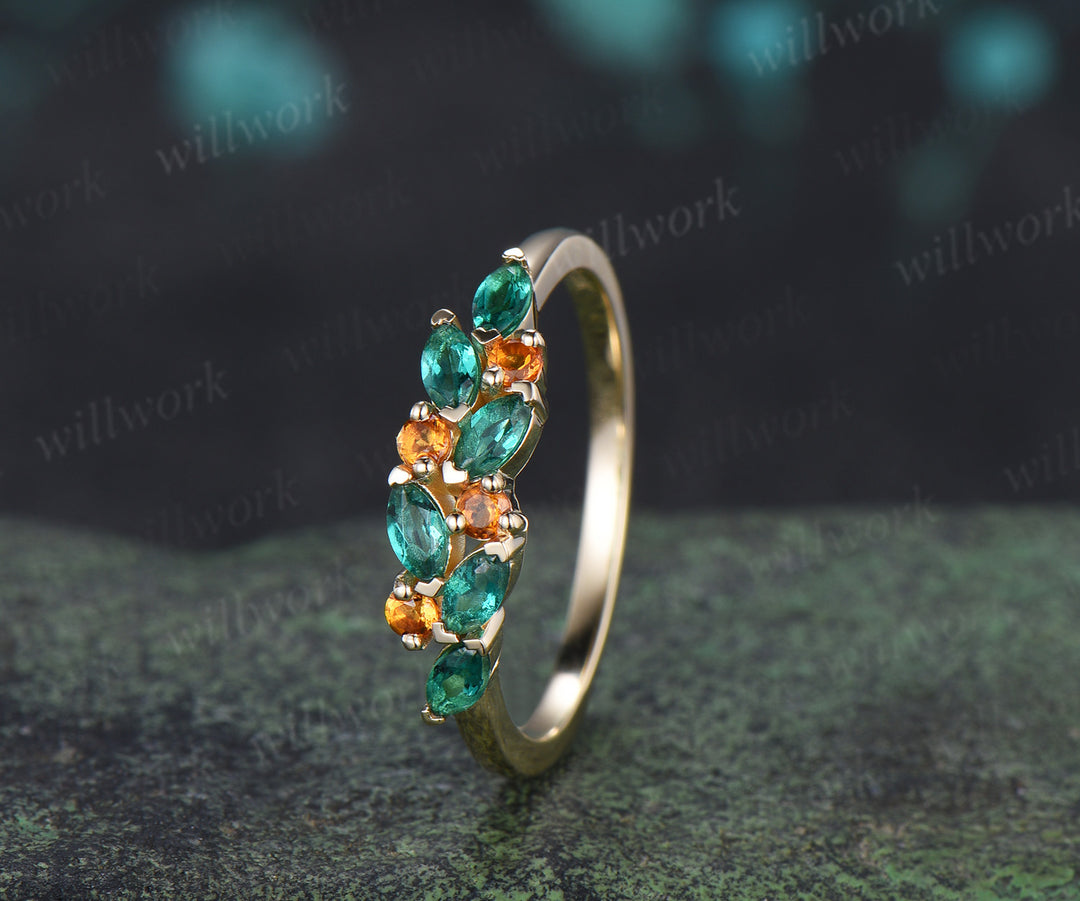 Marquise emerald citrine cluster vintage stacking band May birthstone wedding ring anniversary gfits