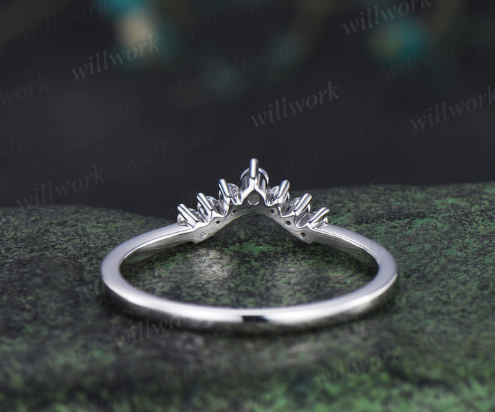 Moonstone wedding band dainty curved blue gemstone stackable ring silver white gold matching band gifts for women