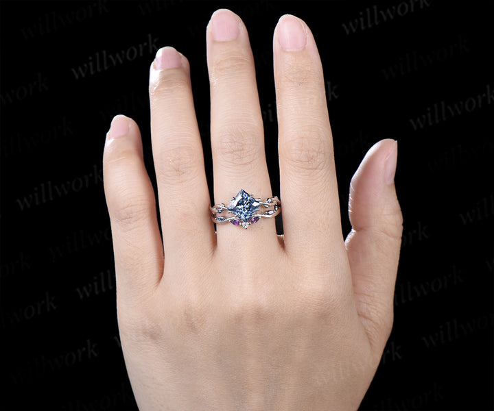 Princess Cut Blue Moissanite Ring Set Twig Branch Engagement Ring Amethyst Accents Twisted Wedding Band Unique Bridal Set