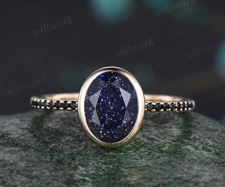 Oval Cut Galaxy Blue Sandstone Engagement Ring Unique Black Spinel Diamond Half Eternity Ring Bezel Set Promise Ring Healing Jewelry