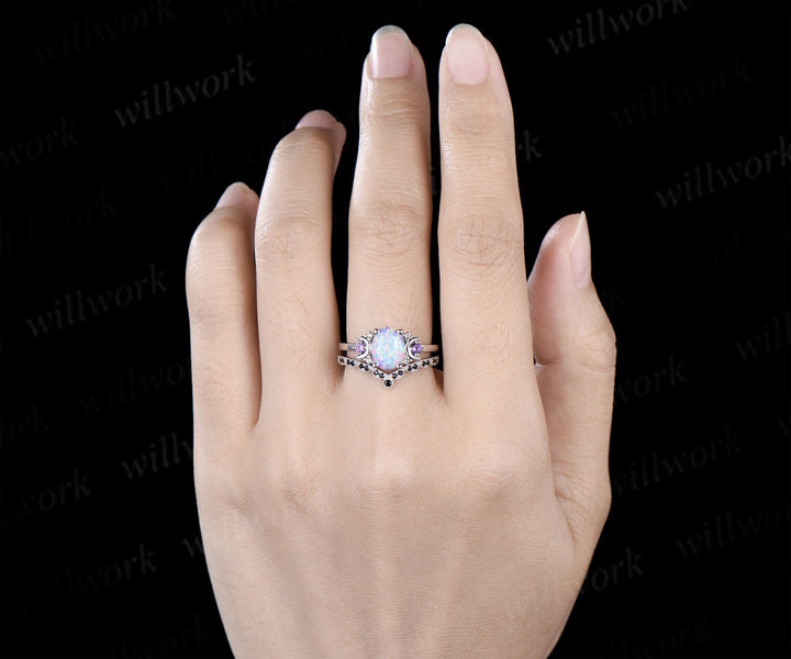 Oval cut white opal engagement ring set art deco moon amethyst moissanite ring unique black spinel wedding band nature inspired bridal set