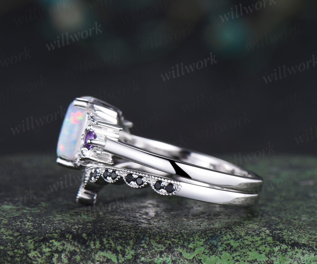 Oval cut white opal engagement ring set art deco moon amethyst moissanite ring unique black spinel wedding band nature inspired bridal set