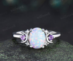 Oval cut white opal engagement ring set art deco moon amethyst moissanite ring unique black spinel wedding band nature inspired bridal set
