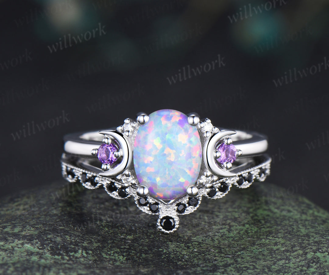 Oval cut white opal engagement ring set art deco moon amethyst moissanite ring unique black spinel wedding band nature inspired bridal set