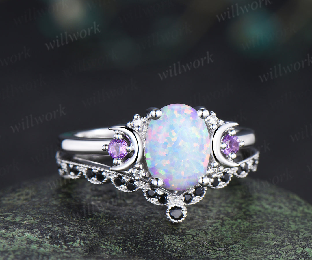 Oval cut white opal engagement ring set art deco moon amethyst moissanite ring unique black spinel wedding band nature inspired bridal set