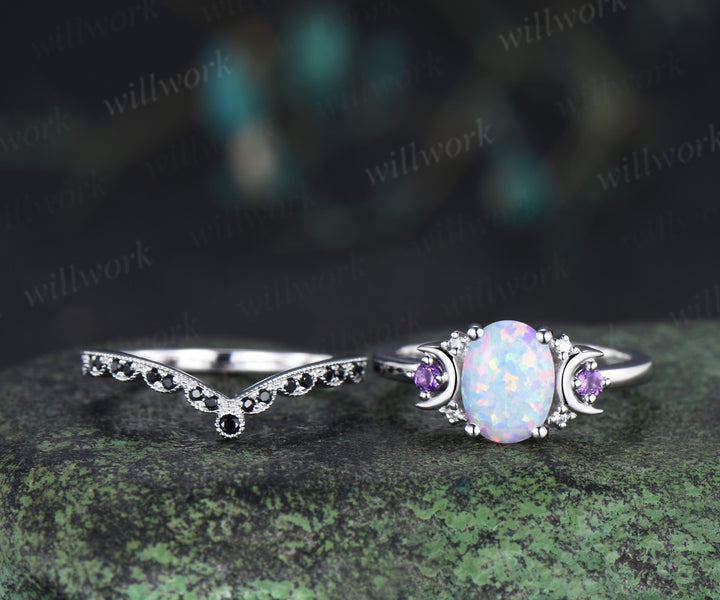 Oval cut white opal engagement ring set art deco moon amethyst moissanite ring unique black spinel wedding band nature inspired bridal set