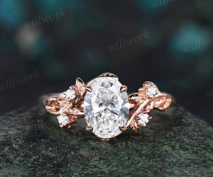 Vintage oval IGI lab grown diamond engagement ring nature inspired leaf branch ring wedding band enhancer twisted bridal ring set