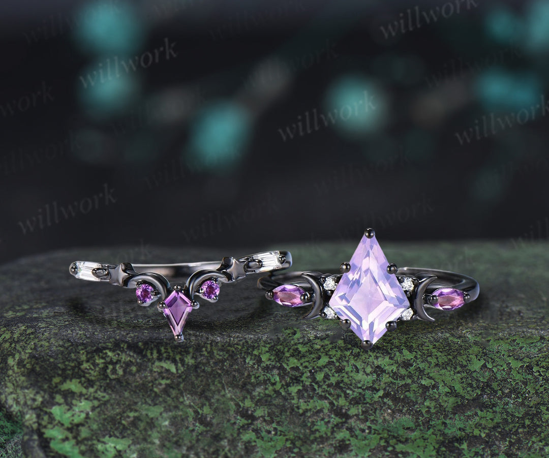 Unique Black Gold Kite Cut Lavender Amethyst Ring Crescent Moon Star Purple Engagement Ring  Gothic Bridal Ring