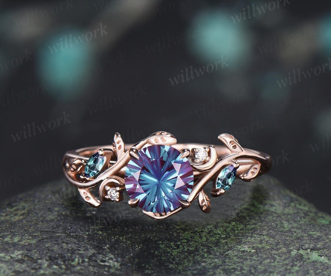 1CT Fireworks Cut Alexanrite Ring Set Leaf Vine Art Dece Moon Promise Ring Diamond Alexandrite Wedding Band Vintage Bridal Set