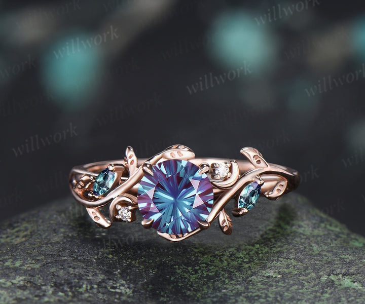 1CT Fireworks Cut Alexanrite Ring Set Leaf Vine Art Dece Moon Promise Ring Diamond Alexandrite Wedding Band Vintage Bridal Set