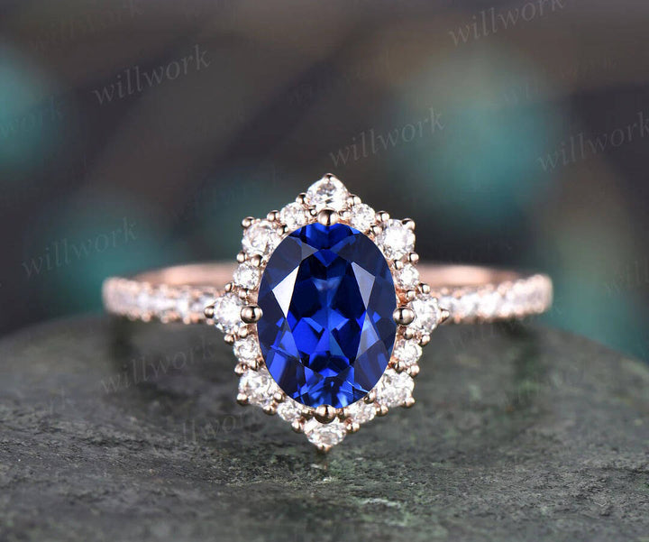 3pc Halo cluster sapphire engagement ring rose gold moissanite natural sapphire diamond wedding band stack vintage for women bridal ring set