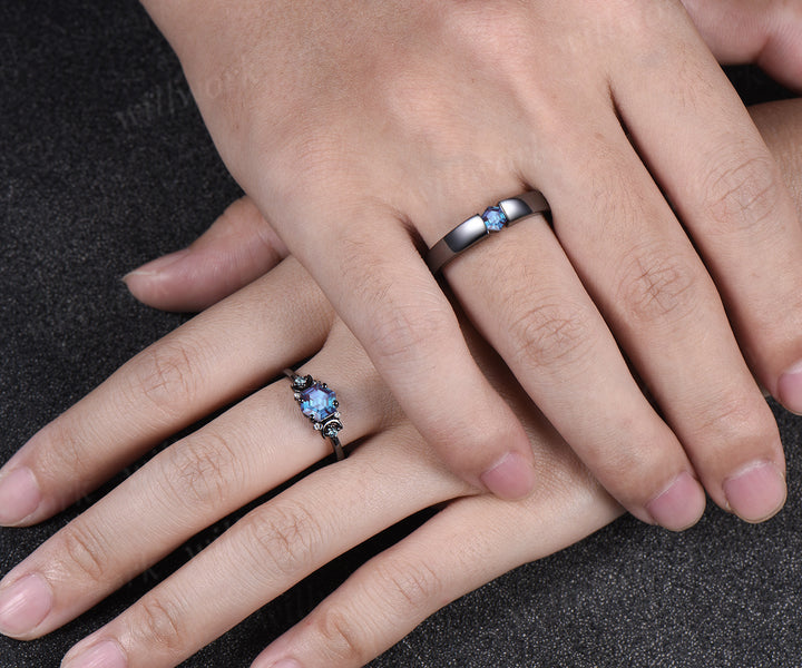 Hexagon Cut Alexandrite Art Deco Moon Engagement Ring & Matching Alexandrite Solitaire Wedding Ring Black Gold Unique Couple Ring Set