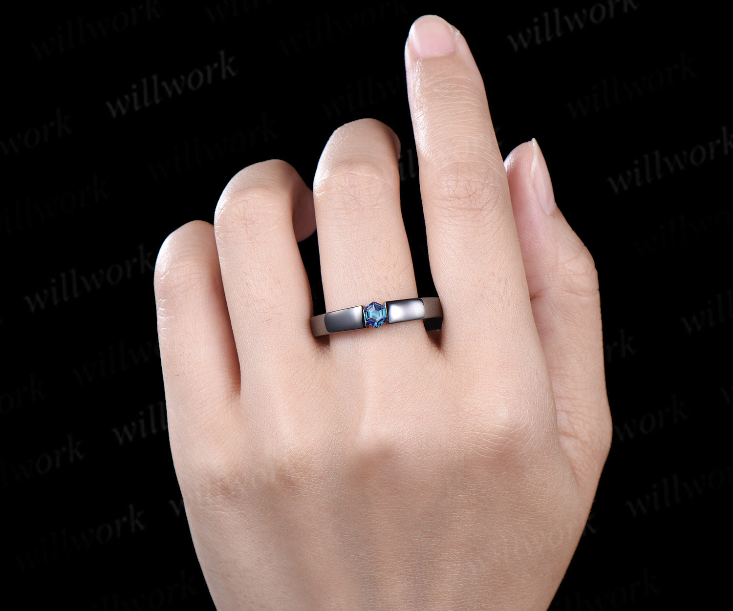 Hexagon Cut Alexandrite Art Deco Moon Engagement Ring & Matching