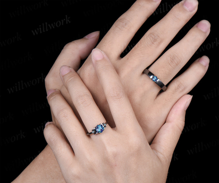 Hexagon Cut Alexandrite Art Deco Moon Engagement Ring & Matching Alexandrite Solitaire Wedding Ring Black Gold Unique Couple Ring Set