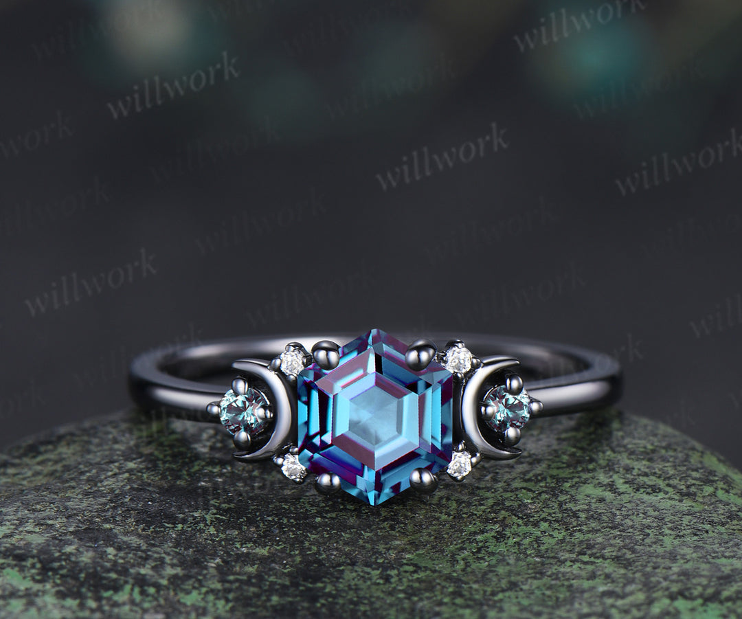 Hexagon Cut Alexandrite Art Deco Moon Engagement Ring & Matching Alexandrite Solitaire Wedding Ring Black Gold Unique Couple Ring Set