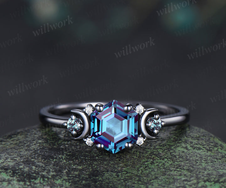 Hexagon Cut Alexandrite Art Deco Moon Engagement Ring & Matching Alexandrite Solitaire Wedding Ring Black Gold Unique Couple Ring Set