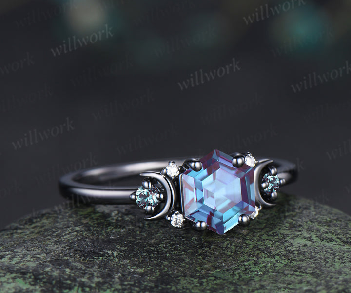 Hexagon Cut Alexandrite Art Deco Moon Engagement Ring & Matching Alexandrite Solitaire Wedding Ring Black Gold Unique Couple Ring Set