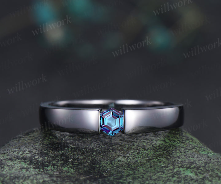 Hexagon Cut Alexandrite Art Deco Moon Engagement Ring & Matching Alexandrite Solitaire Wedding Ring Black Gold Unique Couple Ring Set