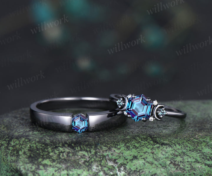 Hexagon Cut Alexandrite Art Deco Moon Engagement Ring & Matching Alexandrite Solitaire Wedding Ring Black Gold Unique Couple Ring Set