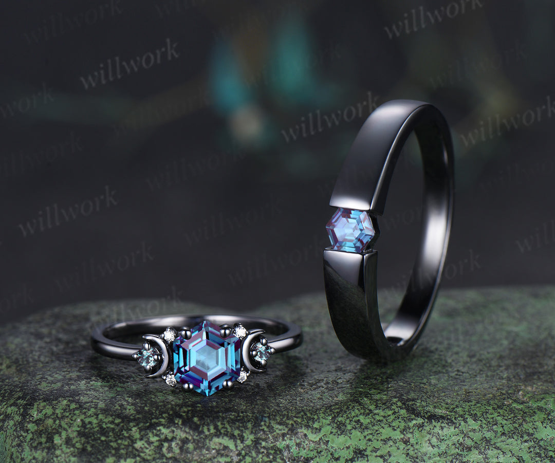 Hexagon Cut Alexandrite Art Deco Moon Engagement Ring & Matching Alexandrite Solitaire Wedding Ring Black Gold Unique Couple Ring Set