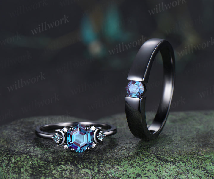 Hexagon Cut Alexandrite Art Deco Moon Engagement Ring & Matching Alexandrite Solitaire Wedding Ring Black Gold Unique Couple Ring Set