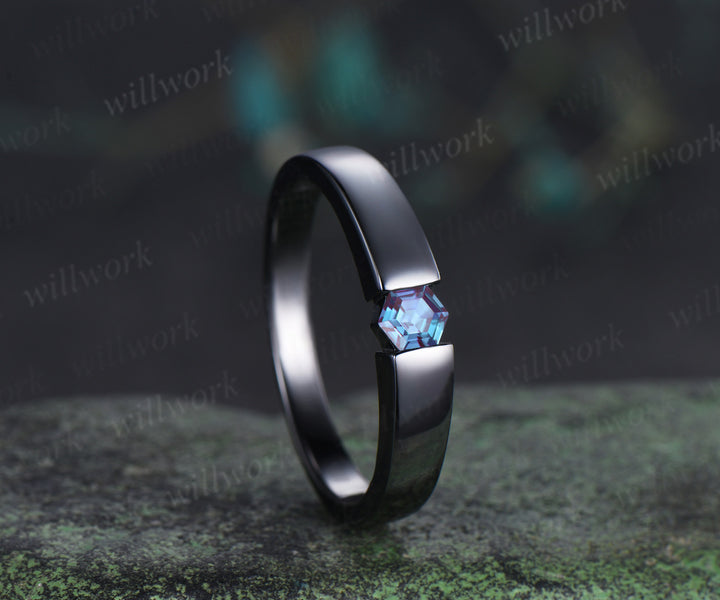 Hexagon Cut Alexandrite Art Deco Moon Engagement Ring & Matching Alexandrite Solitaire Wedding Ring Black Gold Unique Couple Ring Set