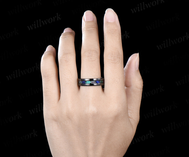 Unique baguette cut emerald sapphire alexandrite men ring black gold half eternity mens wedding band anniversary gifts