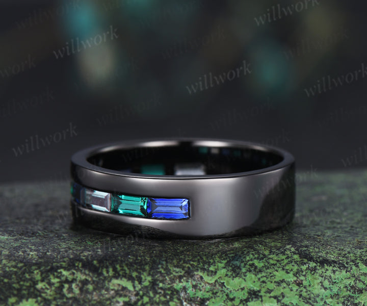 Unique baguette cut emerald sapphire alexandrite men ring black gold half eternity mens wedding band anniversary gifts