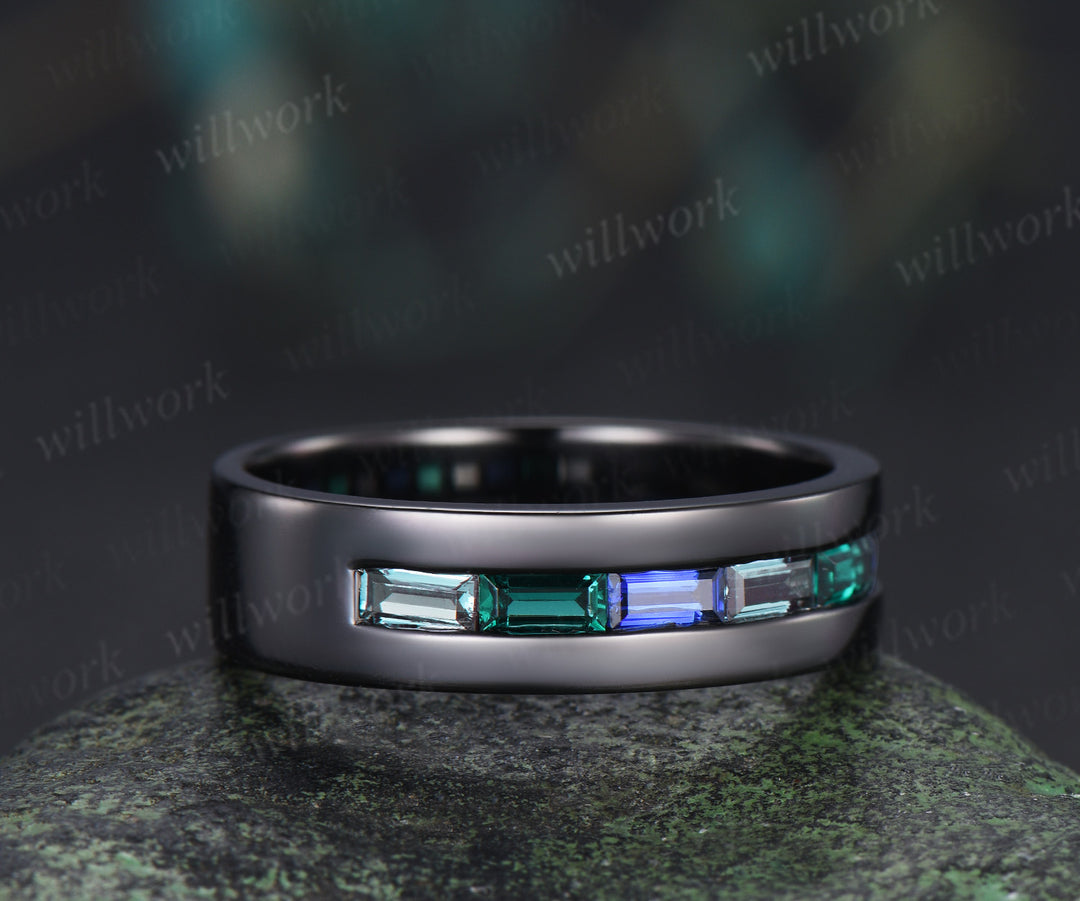 Unique baguette cut emerald sapphire alexandrite men ring black gold half eternity mens wedding band anniversary gifts